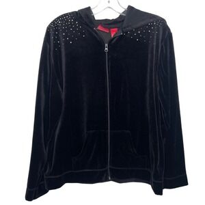 Zoey & Beth Black Velour Rhinestone Zip Up Hoodie Jacket Womens XL Y2K Plush
